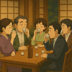 居酒屋でマナー良く日本酒を飲むシーン