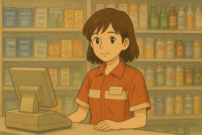 コンビニのレジに立つ女性店員