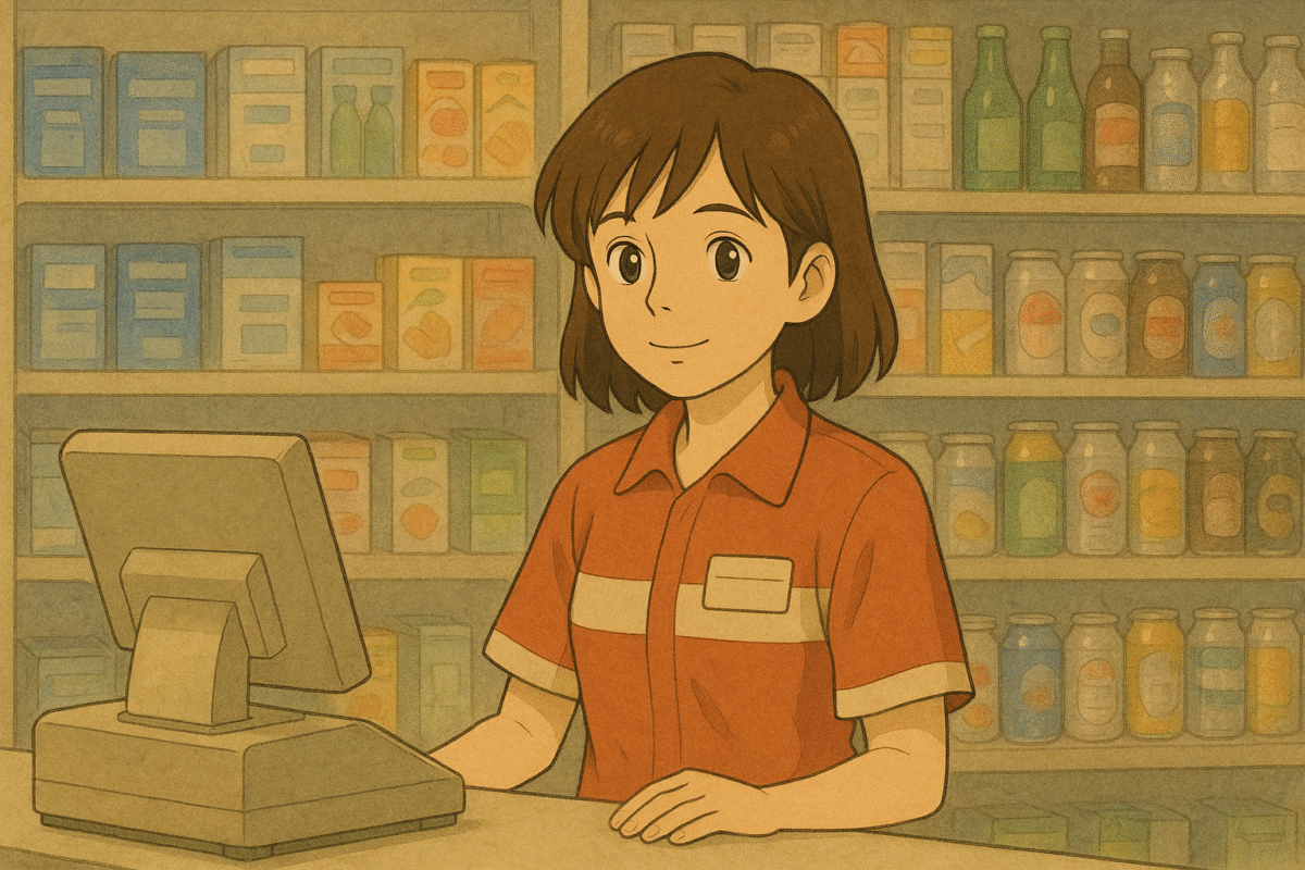 コンビニのレジに立つ女性店員